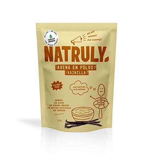 NATRULY Harina de Avena Sabor Vainilla, BIO Avena en Polvo Sin Azúcar, Sin Gluten, 1 KG