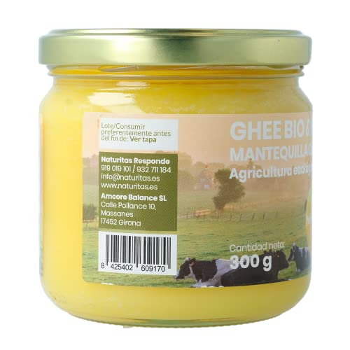 Naturitas Ghee Mantequilla Clarificada BIO | 300g | Agricultura ECOlógica | Vacas alimentadas de pastos ECOlógicos | No contiene hormonas | Facilita la digestión | Protege el colon