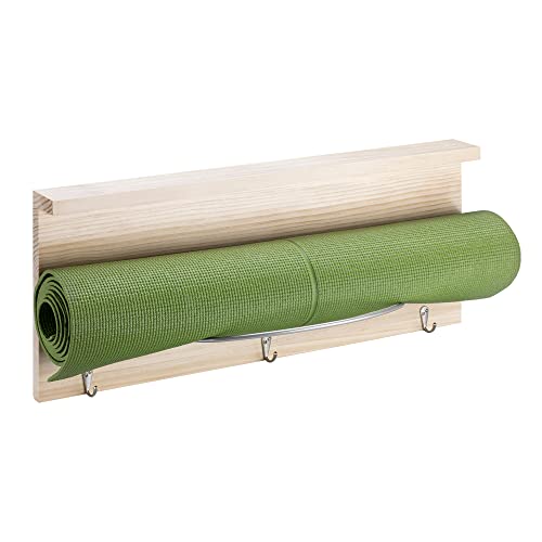 Navaris Soporte de Pared para Esterilla de Yoga - Estantería de Madera para Colocar colchoneta Antideslizante de Pilates Gimnasio - con 3 colgadores