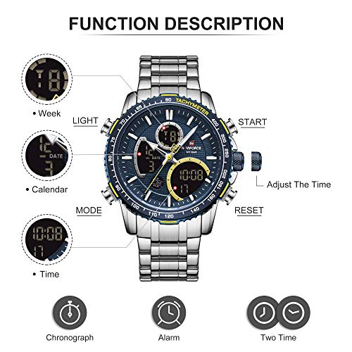 NAVIFORCE Reloj Digital Hombres Lujo Acero Inoxidable Cuarzo Analógico Relojes Impermeables Moda Negocio Cronógrafo Militar Reloj de Pulsera Multifuncional