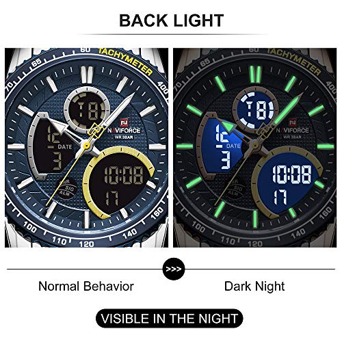 NAVIFORCE Reloj Digital Hombres Lujo Acero Inoxidable Cuarzo Analógico Relojes Impermeables Moda Negocio Cronógrafo Militar Reloj de Pulsera Multifuncional