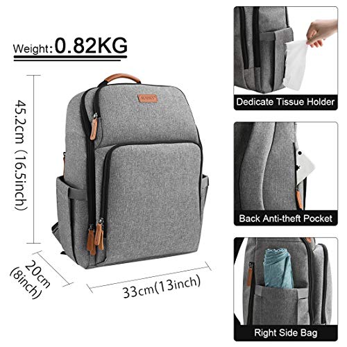 NEWHEY Mochilas de Pañales Bebé Bolsa de Pañales Mamá Multifuncional Gran Capacidad Bolsos Cambiadores Pañales Impermeable con 2 Correas de Cochecito Gris