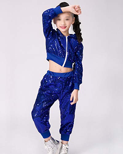 Niños Niñas Lentejuelas Hip Hop Traje De Calle Conjunto De Ropa De Baile Conjunto De Disfraz De Jazz Azul 120