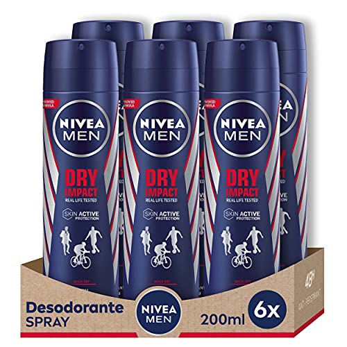 NIVEA MEN Dry Impact Spray, desodorante antitranspirante con protección 48 horas, desodorante spray de cuidado masculino testado en la vida real - pack de 6 x 200 ml