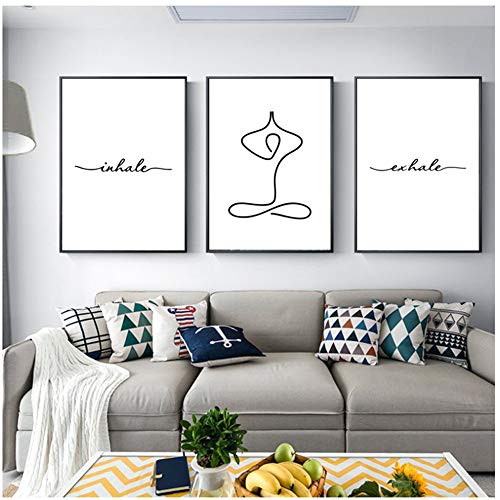 NO BRAND Pintura Moderna en Lienzo Exhale Inhale Sin Dolor Sin Ganancia Texto y Cita Poster Yoga Wall Art Prints 40x60cm (15.7"x23.6) x3   Sin Marco