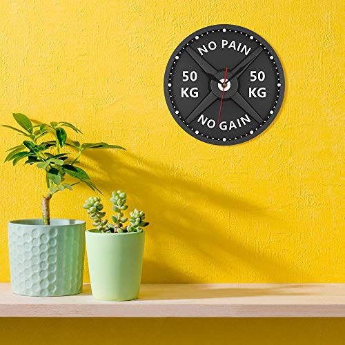 NO Pain NO Gain 50KG Barbell 3D Reloj de Pared Moderno Levantamiento de Pesas Mancuernas Reloj de Pared para Culturismo Gimnasio Entrenamiento Strongman Gift (Sin Marco)