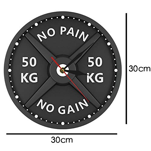 NO Pain NO Gain 50KG Barbell 3D Reloj de Pared Moderno Levantamiento de Pesas Mancuernas Reloj de Pared para Culturismo Gimnasio Entrenamiento Strongman Gift (Sin Marco)