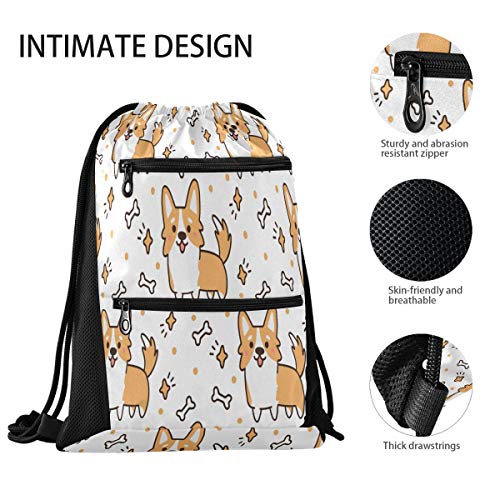 No/Brand RXYY Lindo Perro Corgi Corazones Estrellas Cordón Bolsa de Gimnasio con Bolsillo con Cremallera Mochila de Cinch Mochila Deportiva Mochila de Viaje Yoga para Hombres Mujeres Niños Niñas