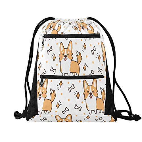 No/Brand RXYY Lindo Perro Corgi Corazones Estrellas Cordón Bolsa de Gimnasio con Bolsillo con Cremallera Mochila de Cinch Mochila Deportiva Mochila de Viaje Yoga para Hombres Mujeres Niños Niñas