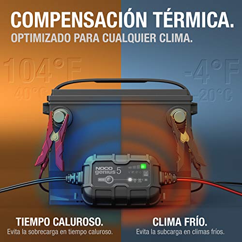 NOCO GENIUS5EU, 5A Cargador de Batería Automático Inteligente Portátil de 6V y 12V, Mantenedor de Batería y Desulfador para Moto, Scooter, Coche, Camión y Caravana 