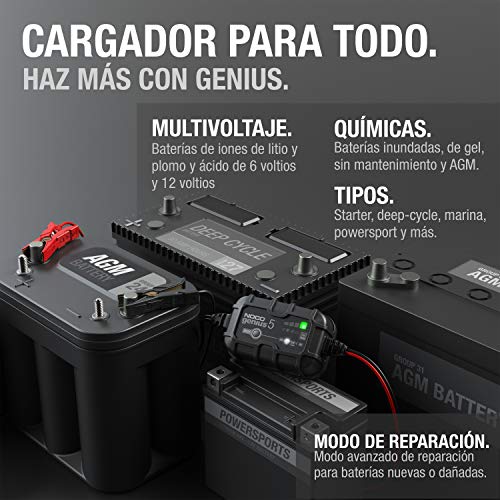 NOCO GENIUS5EU, 5A Cargador de Batería Automático Inteligente Portátil de 6V y 12V, Mantenedor de Batería y Desulfador para Moto, Scooter, Coche, Camión y Caravana 