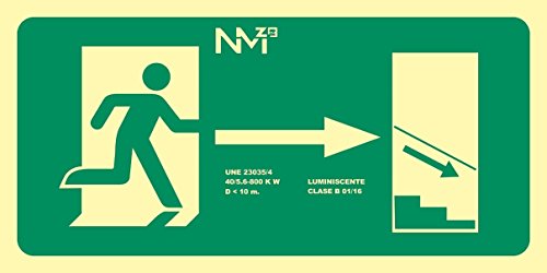 Normaluz RD11140 - Señal Luminiscente Salida Escalera Derecha Abajo Clase B PVC 0,7mm 32x16cm con CTE, RIPCI y Apto para la Nueva Legislación