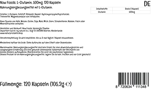 Now Foods, L-Glutamina, 500 mg, 120 Cápsulas veganas, Probado en Laboratorio, Aminoácido, Sin Gluten, Sin Soja, Vegetariano