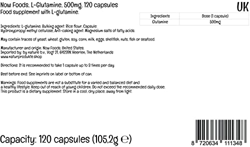 Now Foods, L-Glutamina, 500 mg, 120 Cápsulas veganas, Probado en Laboratorio, Aminoácido, Sin Gluten, Sin Soja, Vegetariano
