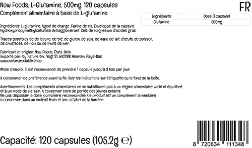 Now Foods, L-Glutamina, 500 mg, 120 Cápsulas veganas, Probado en Laboratorio, Aminoácido, Sin Gluten, Sin Soja, Vegetariano