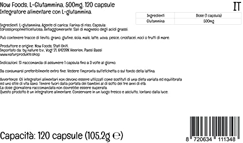 Now Foods, L-Glutamina, 500 mg, 120 Cápsulas veganas, Probado en Laboratorio, Aminoácido, Sin Gluten, Sin Soja, Vegetariano