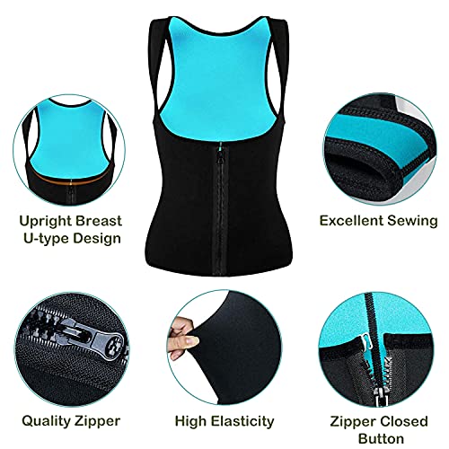 Nueva Chaleco Sauna Deportivo Mujer Fajas Reductoras Adelgazantes Abdominal Neopreno Camiseta Sudoración Compresión de Cremallera para Deporte Fitness (Azul, M)