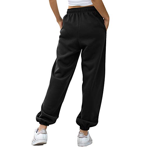 Nuofengkudu Mujer Harem Térmicos Jogging Pantalones Forro Polar con Bolsillos Elastica Cintura Alta Comodo Llanura Largos Pantalón Deportiva Jogger Pants Sweatpants Casual Ropa de Casa(Lana-Negro, XL)