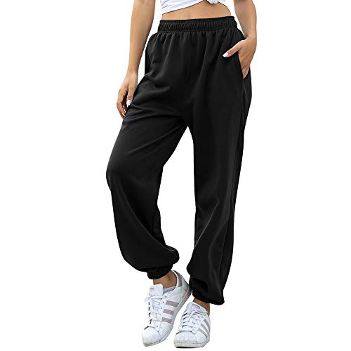 Nuofengkudu Mujer Harem Térmicos Jogging Pantalones Forro Polar con Bolsillos Elastica Cintura Alta Comodo Llanura Largos Pantalón Deportiva Jogger Pants Sweatpants Casual Ropa de Casa(Lana-Negro, XL)