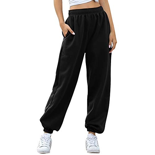 Nuofengkudu Mujer Harem Térmicos Jogging Pantalones Forro Polar con Bolsillos Elastica Cintura Alta Comodo Llanura Largos Pantalón Deportiva Jogger Pants Sweatpants Casual Ropa de Casa(Lana-Negro, XL)