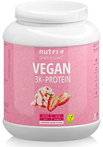 Nutri + Proteína en Polvo Vegana de Fresa y Nata 1kg 83,7% de Proteínas de Origen Vegetal Batido Vegano para Entrenamiento