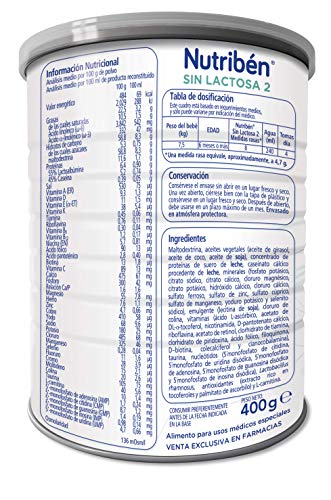 Nutribén Sin Lactosa 2 Leche en polvo de Continuación para bebés intolerantes a la lactosa - A partir de 6 meses- 1 unidad 400g