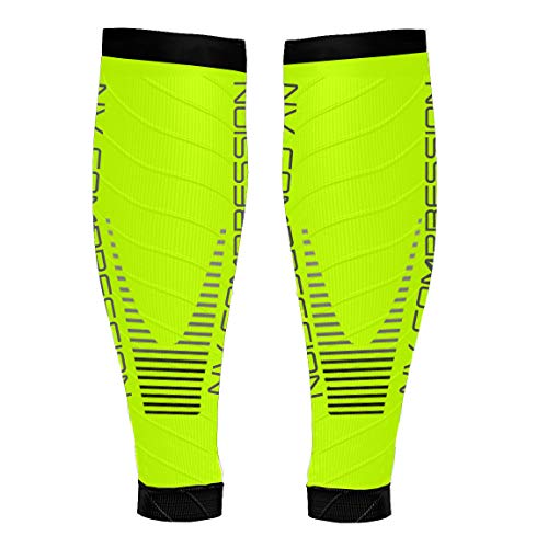 NV Compression Race and Recover Calentadores de Pantorrilla de compresión Negros - Compression Calf Sleeves - Sports Recovery, Work, Flight - Running, Cycling, Gym (Fluo Yellow/Black Stripes, S-M)