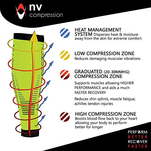 NV Compression Race and Recover Calentadores de Pantorrilla de compresión Negros - Compression Calf Sleeves - Sports Recovery, Work, Flight - Running, Cycling, Gym (Fluo Yellow/Black Stripes, S-M)