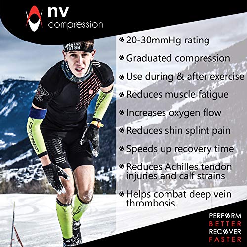 NV Compression Race and Recover Calentadores de Pantorrilla de compresión Negros - Compression Calf Sleeves - Sports Recovery, Work, Flight - Running, Cycling, Gym (Fluo Yellow/Black Stripes, S-M)