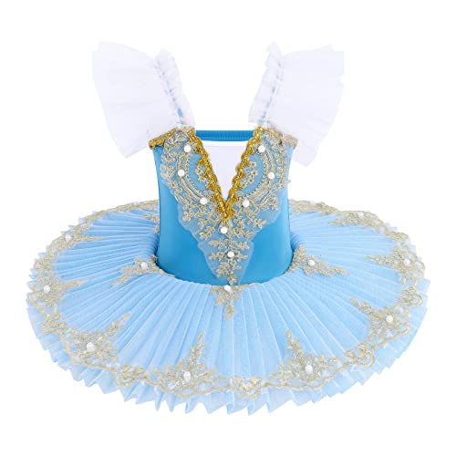 OBEEII Disfraz Bailarina Niña Traje de Baile con Falda Tutu de Tul Gimnasia Leotardo de Baile Vestido de Color Sólido de Manga Larga Traje de Baile Yoga Jazz Latino Azul 5-6Años