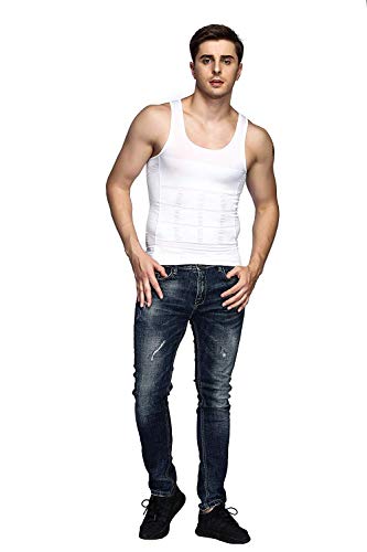 Odoland Camiseta Reductora Hombre Compresión Pack de 3 Camisetas Interior Chaleco Adelgazante para Hombre,Blanco/Blanco/Nergo, M