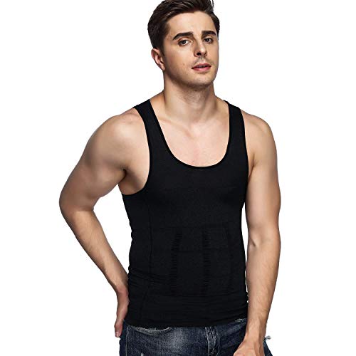 Odoland Camiseta Reductora Hombre Compresión Pack de 3 Camisetas Interior Chaleco Adelgazante para Hombre,Blanco/Blanco/Nergo, M