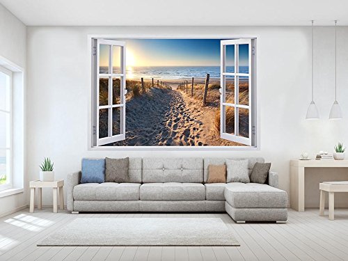 Oedim Vinilo Ventana Camino Arena Playa | 150x130cm | Adhesivo Incluido | Decoracion Habitación | Pegatina Adhesiva | Multicolor | Diseño Profesional