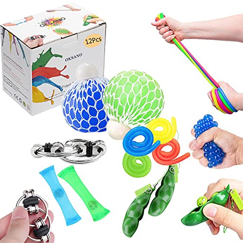 OKSANO Juguetes Sensoriales antiestres 12Pcs, Juguetes Autismo Fidget para niños y Adultos Fiddle Toys for ADHD, Pelota antiestres, Flippy Chain, Soybean Stress Toys, Twisting Toys Esperar