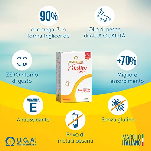 Omegor Vitality 1000 - 90% de Omega-3 TG, EPA 535 mg y DHA 268 mg por Perla, Estructura 90% de Triglicéridos y Destilación Molecular, 30 Cápsulas