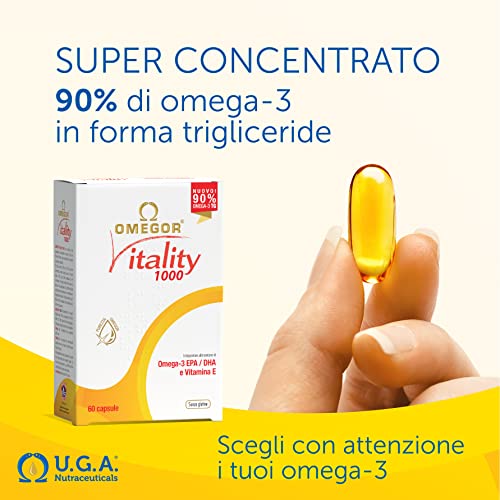 Omegor Vitality 1000 - 90% de Omega-3 TG, EPA 535 mg y DHA 268 mg por Perla, Estructura 90% de Triglicéridos y Destilación Molecular, 30 Cápsulas