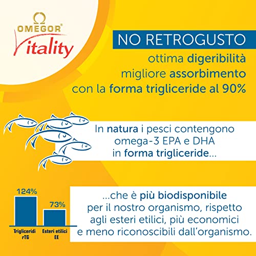 Omegor Vitality 1000 - 90% de Omega-3 TG, EPA 535 mg y DHA 268 mg por Perla, Estructura 90% de Triglicéridos y Destilación Molecular, 30 Cápsulas