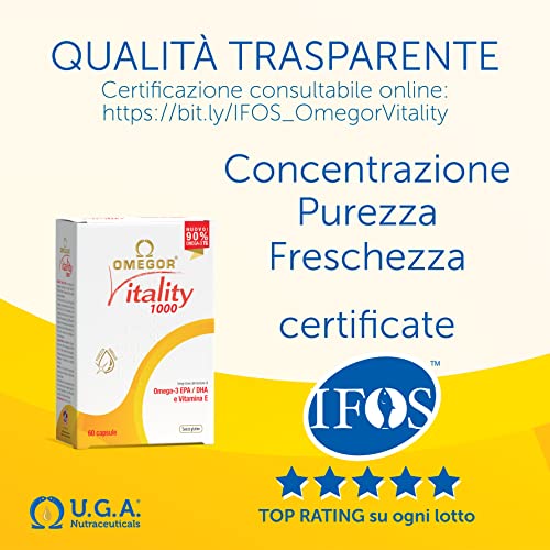 Omegor Vitality 1000 - 90% de Omega-3 TG, EPA 535 mg y DHA 268 mg por Perla, Estructura 90% de Triglicéridos y Destilación Molecular, 30 Cápsulas