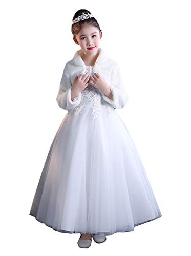 Ommda Princesa de Niña Cárdigan Chal de Piel Sintética Chaquetilla de Bolero niña Fiesta de Flor Capa de Princesa Accesorios de Vestido con Manga Larga,Blanco,L (9-12años)