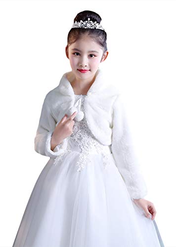 Ommda Princesa de Niña Cárdigan Chal de Piel Sintética Chaquetilla de Bolero niña Fiesta de Flor Capa de Princesa Accesorios de Vestido con Manga Larga,Blanco,L (9-12años)