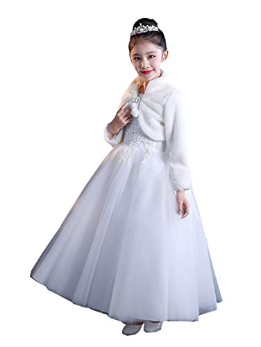 Ommda Princesa de Niña Cárdigan Chal de Piel Sintética Chaquetilla de Bolero niña Fiesta de Flor Capa de Princesa Accesorios de Vestido con Manga Larga,Blanco,L (9-12años)