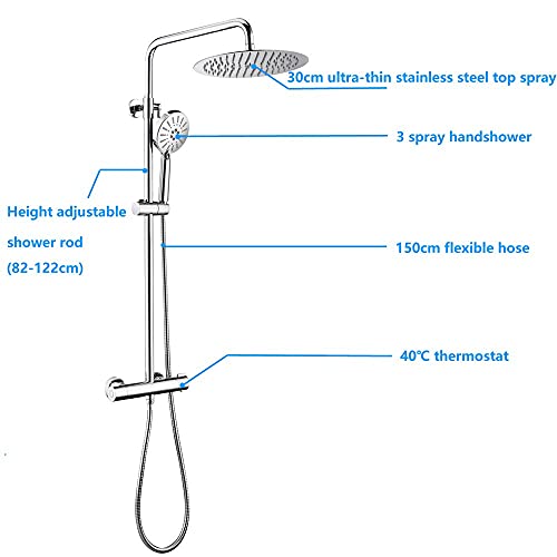 ONECE Columna Ducha Termostática 40℃, con 12'' Ducha de Lluvia Ultradelgado de Acero Inoxidable, Conjunto de Ducha Barra Altura Ajustable 829-1221mm, Set Ducha Para Baños con 3 Modos Ducha de Mano