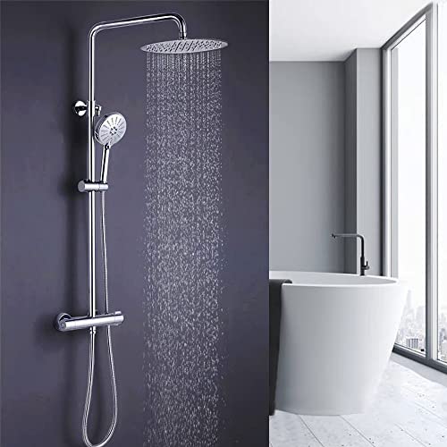 ONECE Columna Ducha Termostática 40℃, con 12'' Ducha de Lluvia Ultradelgado de Acero Inoxidable, Conjunto de Ducha Barra Altura Ajustable 829-1221mm, Set Ducha Para Baños con 3 Modos Ducha de Mano