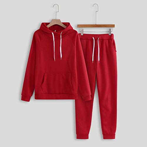 Onsoyours Mujer Chandal Ropa Deportiva Suave y Cómodo Conjunto Deportiva Manga Larga Dobladillo Irregular Hoodie + Pantalones 2 Piezas Deportiva Trajes Yoga Fitness Chándales Rojo M