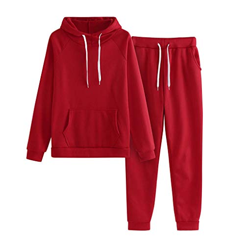 Onsoyours Mujer Chandal Ropa Deportiva Suave y Cómodo Conjunto Deportiva Manga Larga Dobladillo Irregular Hoodie + Pantalones 2 Piezas Deportiva Trajes Yoga Fitness Chándales Rojo M