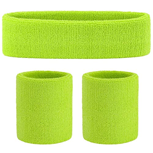 ONUPGO Juego de bandas para el sudor para niños - Banda deportiva de algodón para deportes (1 diadema + 2 pulseras) (verde neón)