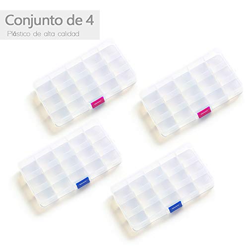 Opret 4 Pack Caja de Almacenamiento Transparente Caja Compartimentos de Plástico (15 Compartimentos) con Separadores Ajustables Organizador de Joyería Contenedor de Herramientas (Transparente)