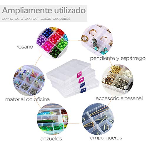 Opret 4 Pack Caja de Almacenamiento Transparente Caja Compartimentos de Plástico (15 Compartimentos) con Separadores Ajustables Organizador de Joyería Contenedor de Herramientas (Transparente)