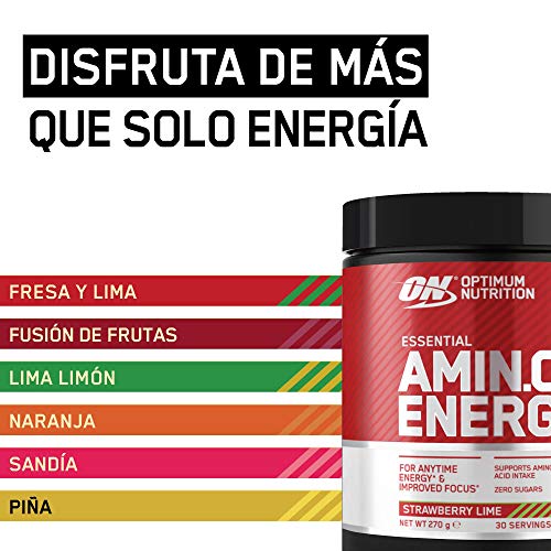 Optimum Nutrition Amino Energy Pre Workout en Polvo, Bebida Energética con Beta Alanina, Vitamina C, Cafeína, Aminoacidos Incluyendo BCAA, Fresa y Lima, 30 Porciones, 270g, Embalaje Puede Variar