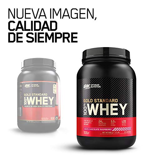 Optimum Nutrition Gold Standard 100% Whey Proteína en Polvo, Glutamina y Aminoácidos Naturales, BCAA, Chocolate Blanco y Frambuesa, 30 Porciones, 900g, Embalaje Puede Variar